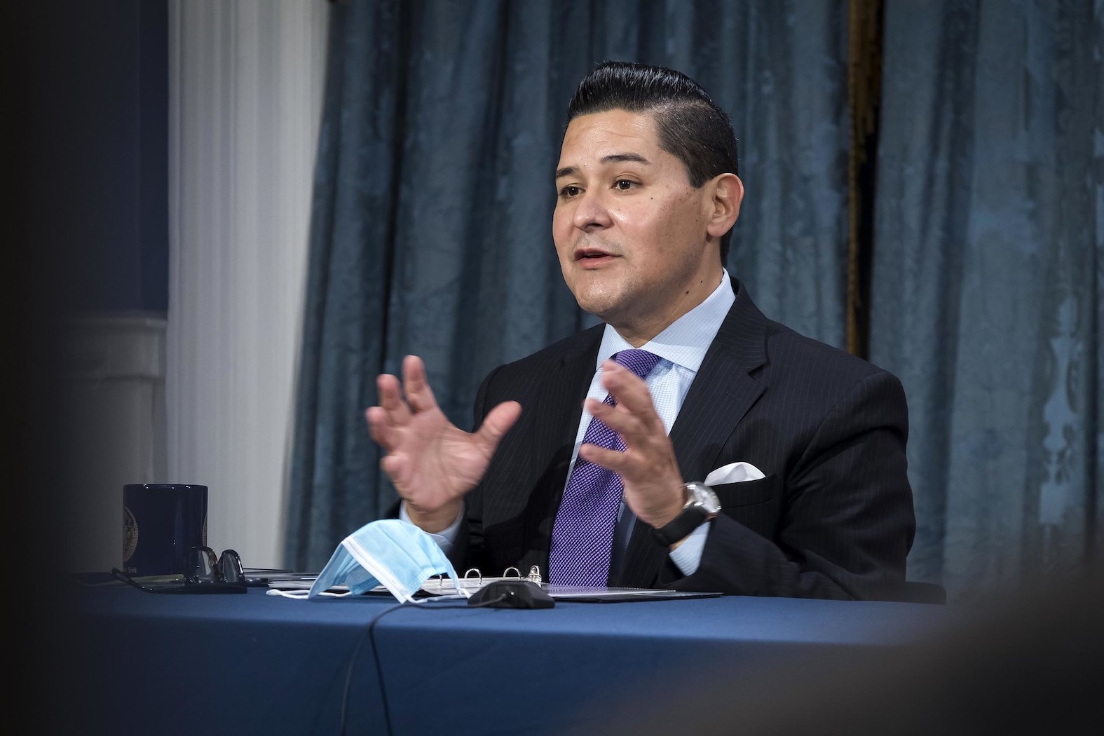 Schools Chancellor Richard Carranza at De Blasio's media availability on November 18th.